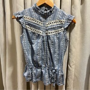 New York & Company Blue Eyelet Trim Blouse